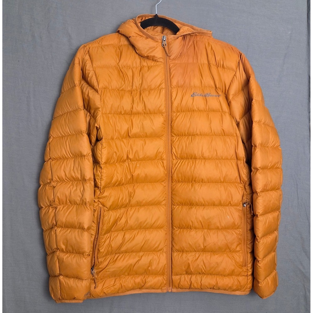 Eddie Bauer Mens 650 Fill Down Hooded Puffer Jacket Orange/Rust Medium EB650
